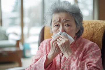 Elderly Asian woman suffering from cold or flu, blowing her nose with tissue while sitting at home during winter, feeling unwell and experiencing symptoms