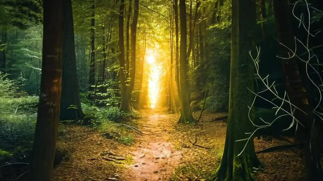 A glowing light shines at the end of a peaceful forest trail, symbolizing hope and clarity at the journey's conclusion.
