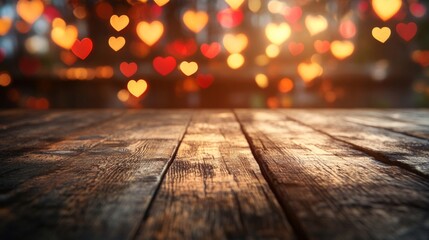 Wooden Tabletop With Blurred Heart Shaped Lights