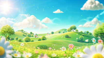 Fototapeta premium Vibrant Summer Landscape Illustration with Rolling Hills, Trees, and Flower Fields Under a Sunny Sky