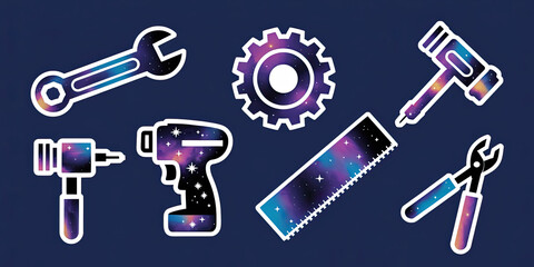 Fototapeta premium Galaxy Tools Wrench Gear Hammer Drill Ruler Pliers DIY Craftsman