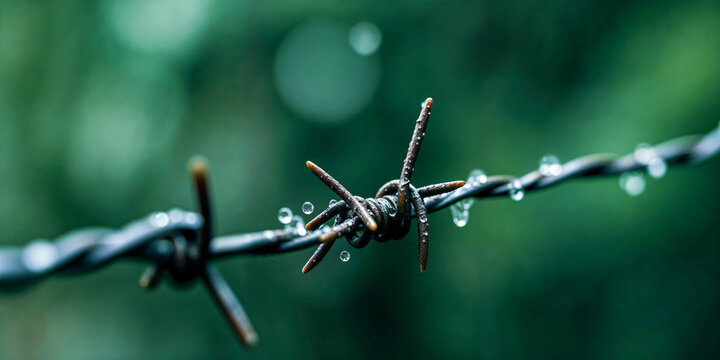 Barbed wire set against a green bokeh background