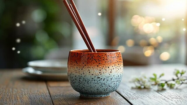Speckled Ceramic Chopstick Rest on Wooden Table