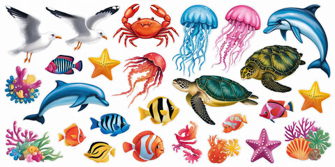 Obraz premium Colorful Ocean Animals Dolphins Turtles Jellyfish Fish Seagulls Crab Starfish Coral