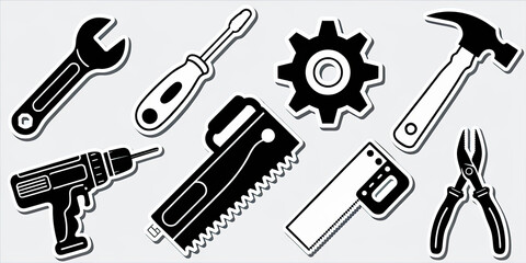 Obraz premium Black White Tools Icons Wrench Saw Hammer Drill Pliers Screwdriver Gear