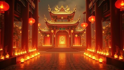 Fototapeta premium A lone figure walking toward a traditional Chinese gate illuminated by vibrant red lanterns and surrounded by fog, creating a mysterious and cultural ambiance. Generative, AI,