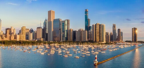 Chicago skyline at sunrise, with numerous sailboats moored in the harbor. Beautiful morning light....
