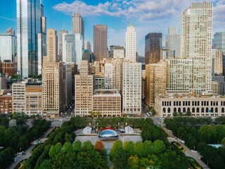 Chicago skyline, Millennium Park, Cloudless day. Cityscape and park blend. Millennium Park,...