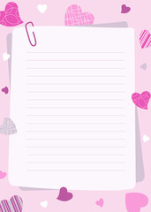 Blank pages with paper clip and copy space, decorated with pink, gray and white hearts. Vector illustration for invitations, recipe, poster, note. Valentine's Day
