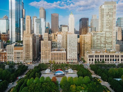 Chicago skyline, Millennium Park, Cloudless day. Cityscape and park blend. Millennium Park, Chicago, Illinois, United States