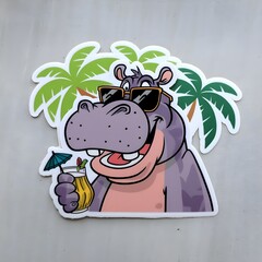 A sticker of a  cartoon hippopotamus wearing sunglasses enjoys a tropical cocktail under palm trees. Generative AI