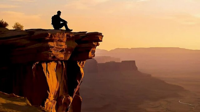 a man  sitting on  a cliff  at sunset.