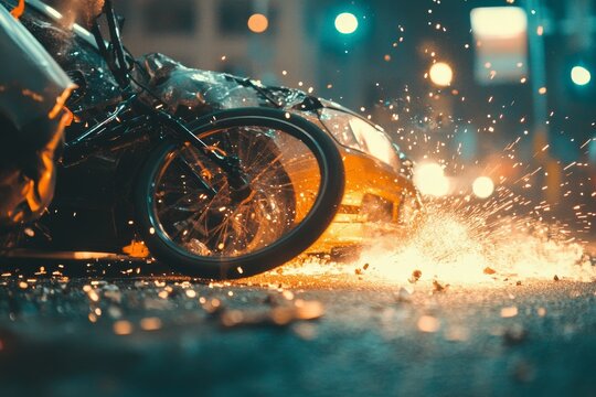 Bicycle and car collision on asphalt road  a dangerous street incident highlighting careless driving