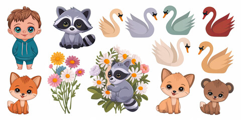 Cute Baby Animals Flowers Swans Illustration