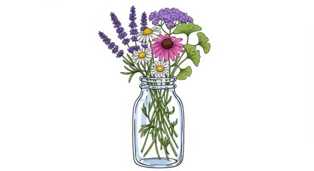 Colorful wildflowers in a glass jar - vibrant botanical arrangement