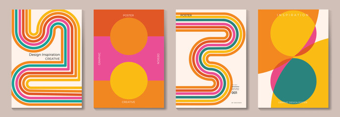 Collection of 70s poster background vector. Set of retro wall decoration, groovy, trippy, colorful line. Vintage hippie wall art for interior, decorative, banner, cover, card. © TWINS DESIGN STUDIO