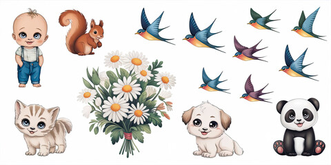 Obraz premium Adorable Baby Pets Flowers Illustration Cute Animals Birds and Daisies