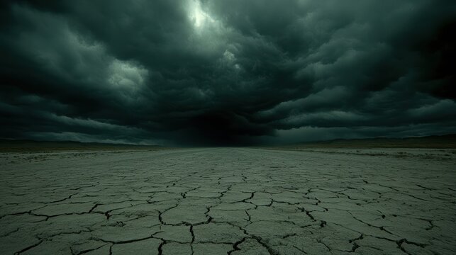 Dark, ominous storm clouds over cracked, dry earth. - Powered by Adobe