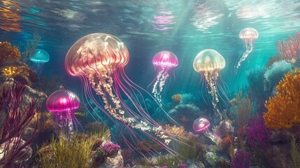 Underwater scene of colorful jellyfish swimming among vibrant coral reefs.