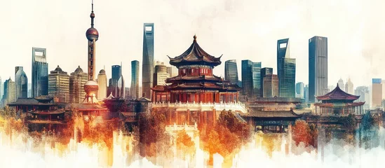 Handdoek met foto Aquarelschilderij wolkenkrabber  Watercolor painting of the skyline of Shanghai, China, with traditional Chinese architecture and modern skyscrapers.  © ROY