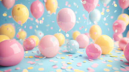 Colorful Balloon and Confetti Celebration with Pastel Blue Background - Festive Party Illustration for Birthday or Event Invitations