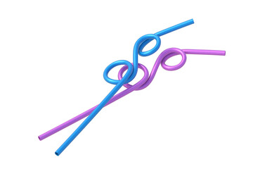 Two curved drinking straws isolated on white background. Plastic tube for beverage. 3d render