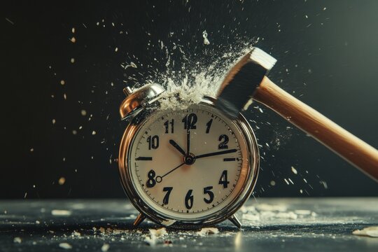 Urgent sale  hammer breaking alarm clock symbolizes last chance for limited time promotion offer
