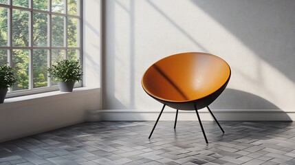 Modern orange leather egg chair in minimalist room.