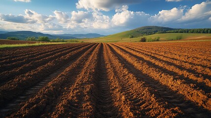 Ploughed Field Under A Cloudy Sky Rolling Hills