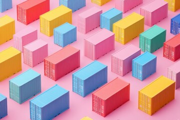 Fototapeta premium Colorful Cargo Containers on Pink Background: A Vibrant Shipping and Logistics Illustration