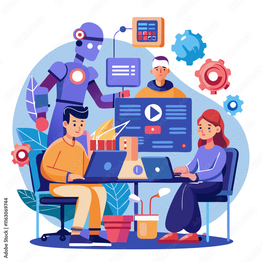 Poster programmers collaborating on the development of futuristic applications in a vibrant workspace