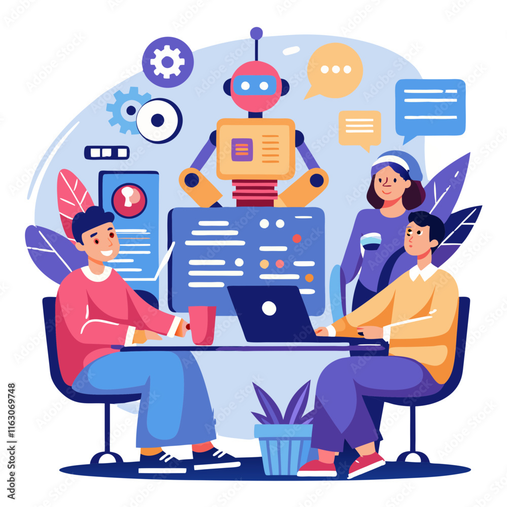 Poster programmers developing innovative applications with artificial intelligence assistant in a modern wo