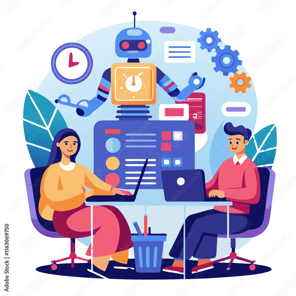 Poster programmers developing innovative technology solutions with robots in a modern workspace