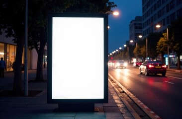 Blank white vertical digital billboard poster on spring city street bus stop sign at night. Street advertising bus stop mockup 