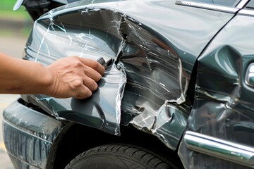 Expert mechanic restoring car body panel using specialized tool in auto repair shop after accident