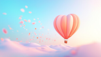 Fototapeta premium Heart-shaped hot air balloon floats over dreamy landscape