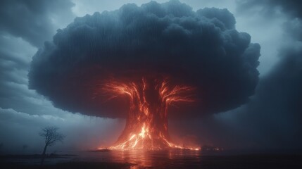 Fiery apocalyptic tree engulfed in dark clouds.