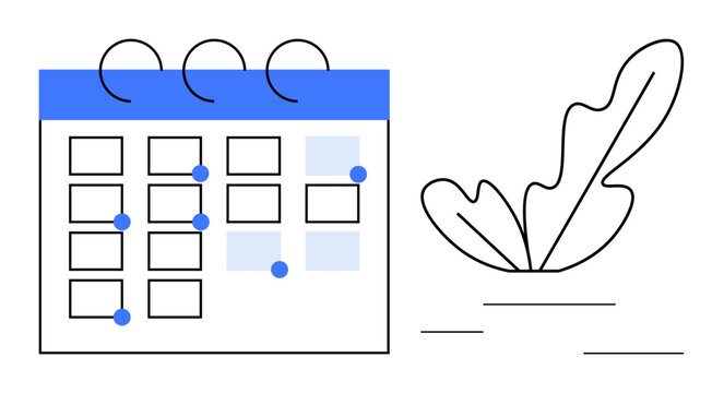 A calendar marked with several blue dots representing events, paired with an abstract outlined leafy plant. Ideal for scheduling, planning, organization, productivity, time management, reminders