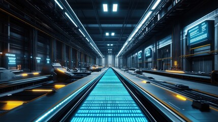 Fototapeta premium Futuristic corridor with blue neon lights and glowing screens.