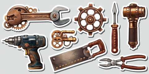 Obraz premium Steampunk Tools Cogs Gears and Gadgets Vintage Industrial Design Stickers