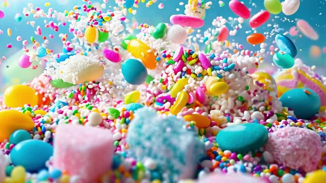Vibrant explosion of colorful sweets and candy in motion