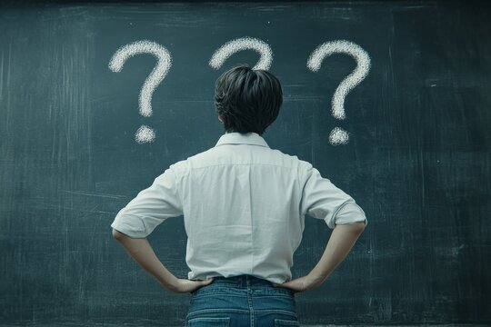 Contemplative man in white shirt and jeans pondering questions on a dark gray chalkboard