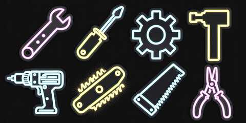 Obraz premium Neon Tools Icons Wrench Screwdriver Gear Hammer Drill Saw Pliers Knife