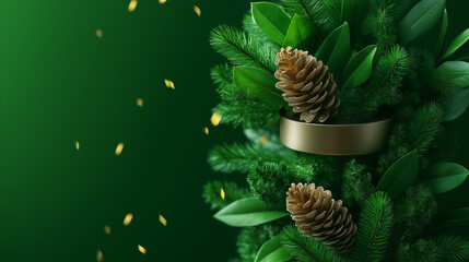 Elegant gold pine cones nestled amongst lush green boughs. Festive holiday decor.