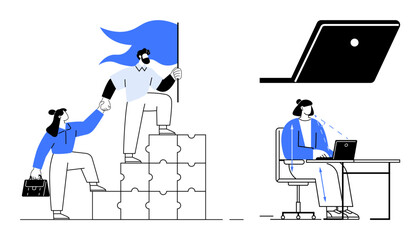 Two individuals climb stacked puzzle pieces for leadership and success, a person works at a desk with a laptop, and a laptop is seen separately. Ideal for teamwork, leadership, problem-solving