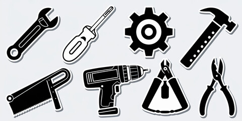 Obraz premium Tools Icons Wrench Hammer Saw Drill Pliers Screwdriver Gear