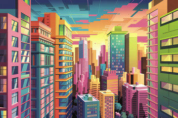 Obraz premium Abstract neon cityscape buildings - Social Media. Blank template. Design illustration. Space for copy. Conceptual. Flowing. Abstract background. Elegant. Corporate. Marketing. Poster.