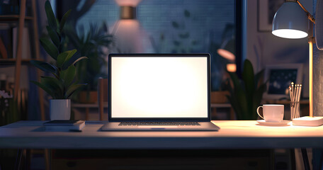 Quiet evening workspace with laptop and cozy ambiance reflects a peaceful atmosphere for productivity and creativity during nighttime