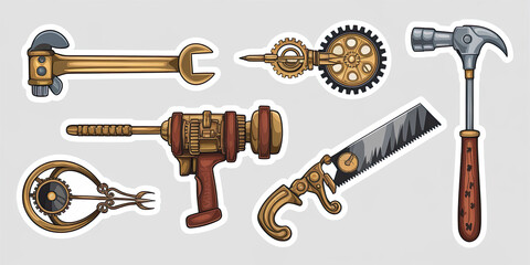 Fototapeta premium Steampunk Tools Wrench Hammer Saw Drill Gears Craftsmanship Illustration