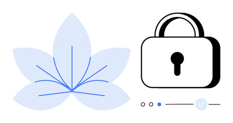 Padlock next to a stylized flower with a digital touch representing security and aesthetics. Ideal for tech, cybersecurity, privacy, data protection, digital art, online security, and computer
